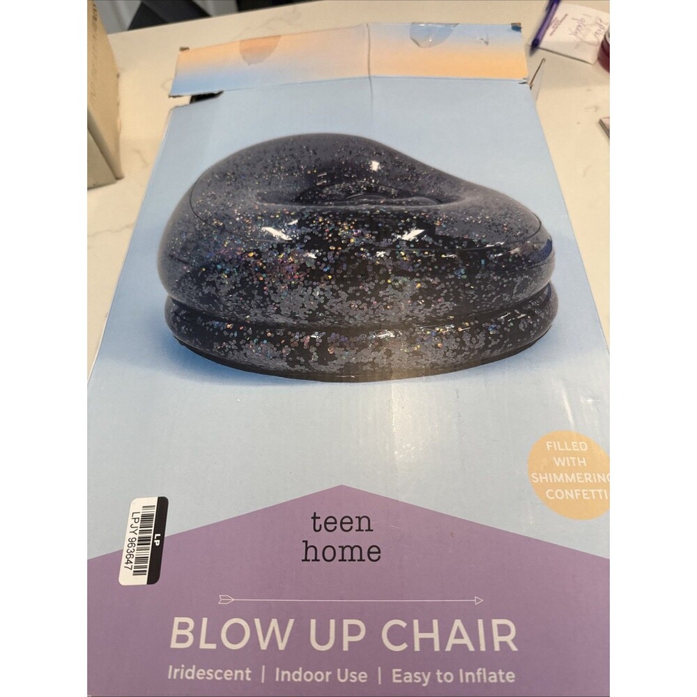 Black Glitter Clear Blow Up Chair Inflatable Dorm Room Teen Bedroom Home Decor